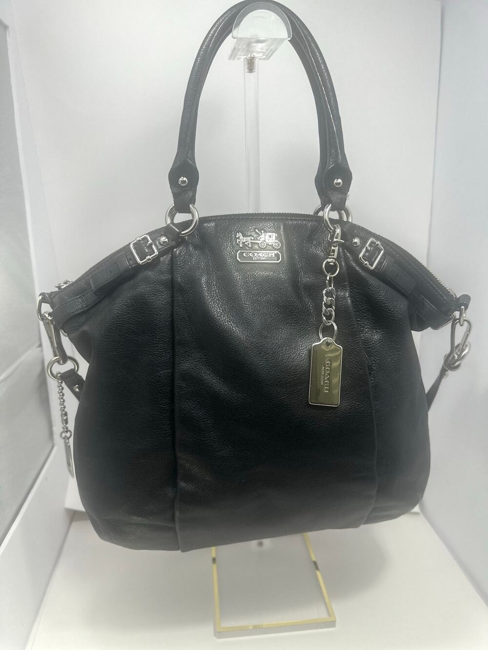 Coach Black Leather Large Satchel Shoulder Bag Style 19644 Purple Lining